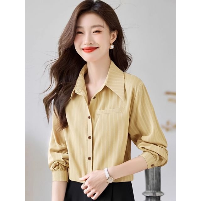 Striped Button-Up Shirt with Collar and Long Sleeves