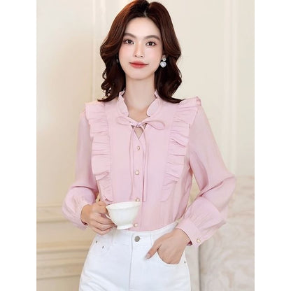 Ruffle Trim Blouse with V-Neck and Long Sleeves