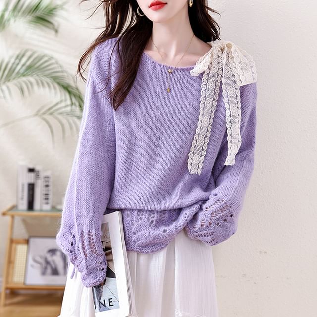 Pointelle Crewneck Long Sleeve Solid Knit Sweater