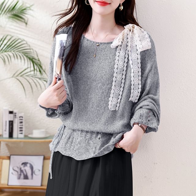 Pointelle Crewneck Long Sleeve Solid Knit Sweater