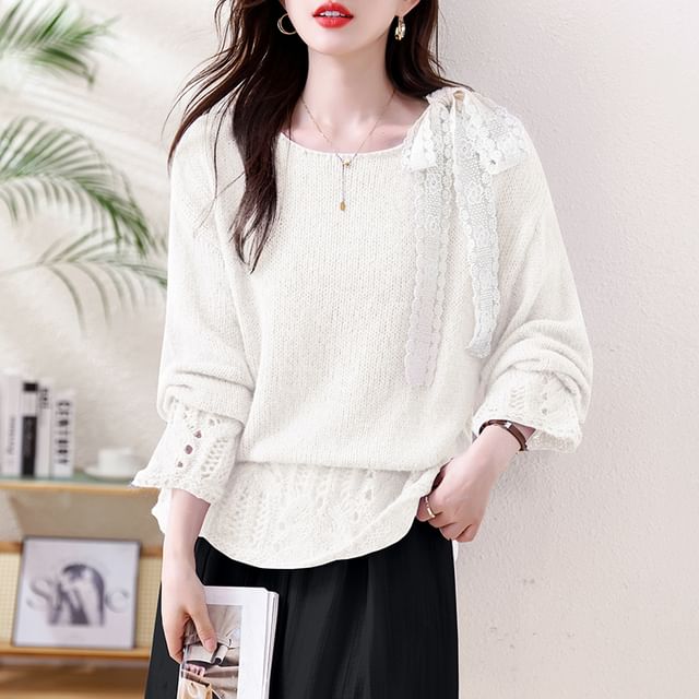 Pointelle Crewneck Long Sleeve Solid Knit Sweater