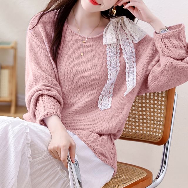 Pointelle Crewneck Long Sleeve Solid Knit Sweater