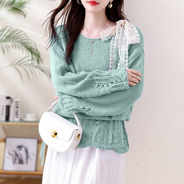 Pointelle Crewneck Long Sleeve Solid Knit Sweater