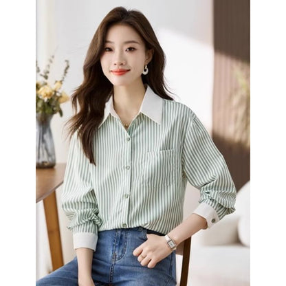 Striped Button-Up Shirt with Collar and Long Sleeves