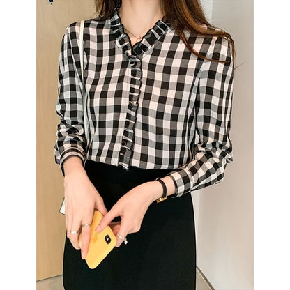 Plaid Button-Up Blouse with V-Neck and Long Sleeves
