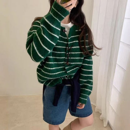 Crew Neck Striped Button Up Cardigan
