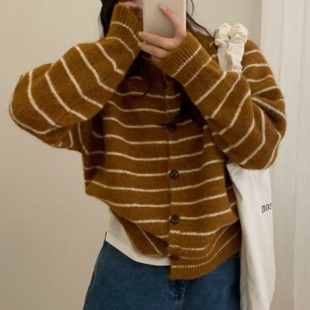 Crew Neck Striped Button Up Cardigan