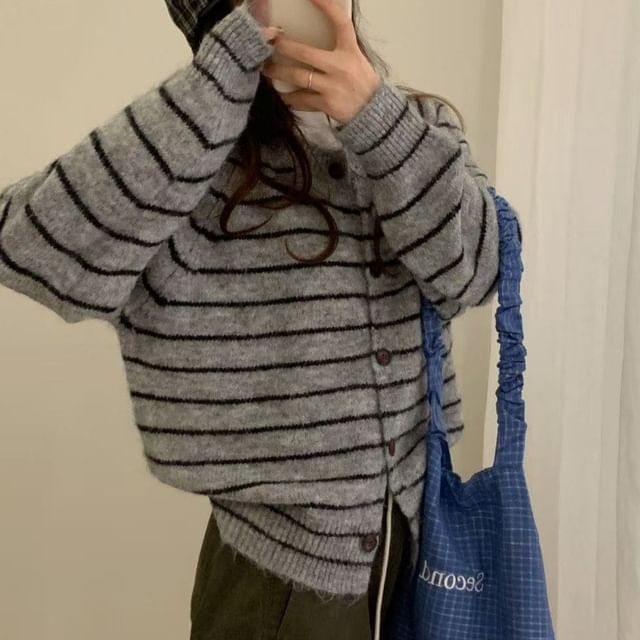 Crew Neck Striped Button Up Cardigan