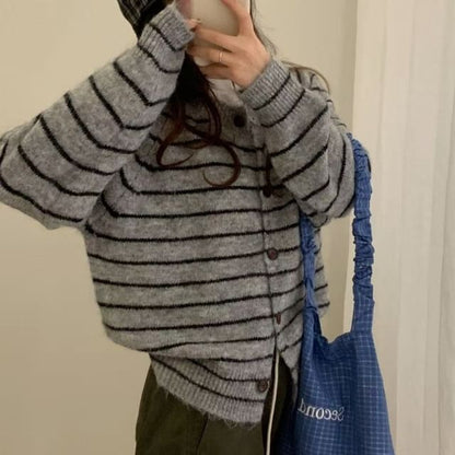 Crew Neck Striped Button Up Cardigan
