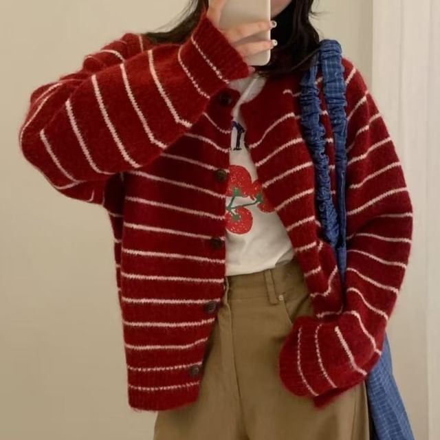 Crew Neck Striped Button Up Cardigan