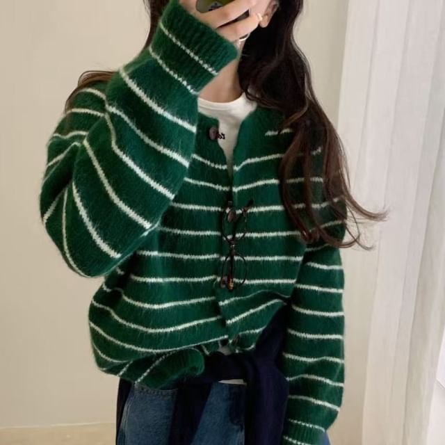 Crew Neck Striped Button Up Cardigan