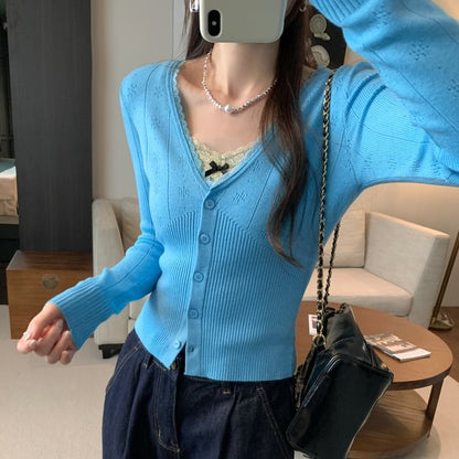 Buttoned V Neck Long Sleeve Solid Knit Blouse