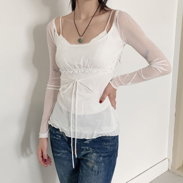 Sheer Lace-Panel Mock Two-Piece Slim Tee