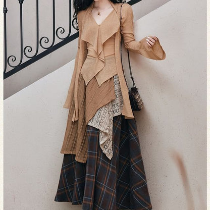 Ruffle V-Neck Long-Sleeve Solid Top & Plaid Maxi Skirt Set