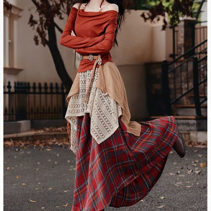 Halter Long-Sleeve Solid Top & Plaid Maxi A-Line Skirt Set