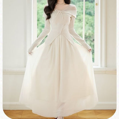 Solid Long-Sleeve Knit Top & High-Rise Maxi A-Line Skirt Set