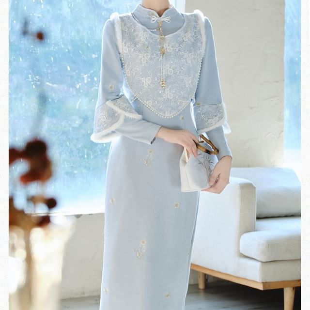 Stand-Collar Long-Sleeve Solid Maxi Sheath Dress Set