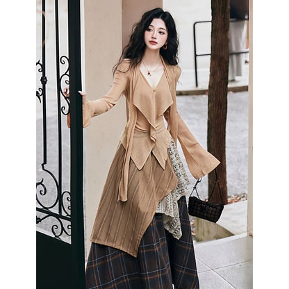 Ruffle V-Neck Long-Sleeve Solid Top & Plaid Maxi Skirt Set