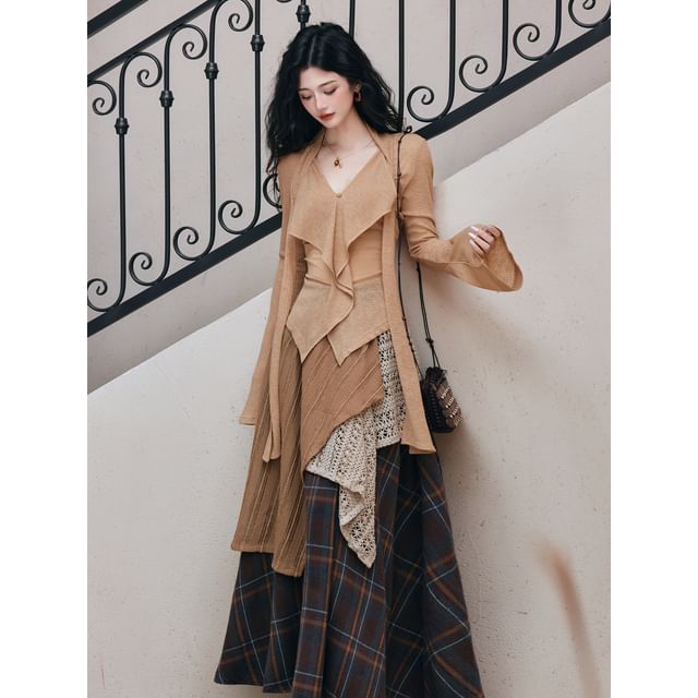 Ruffle V-Neck Long-Sleeve Solid Top & Plaid Maxi Skirt Set