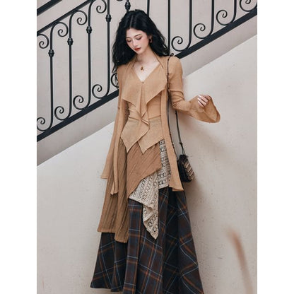 Ruffle V-Neck Long-Sleeve Solid Top & Plaid Maxi Skirt Set
