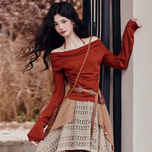 Halter Long-Sleeve Solid Top & Plaid Maxi A-Line Skirt Set