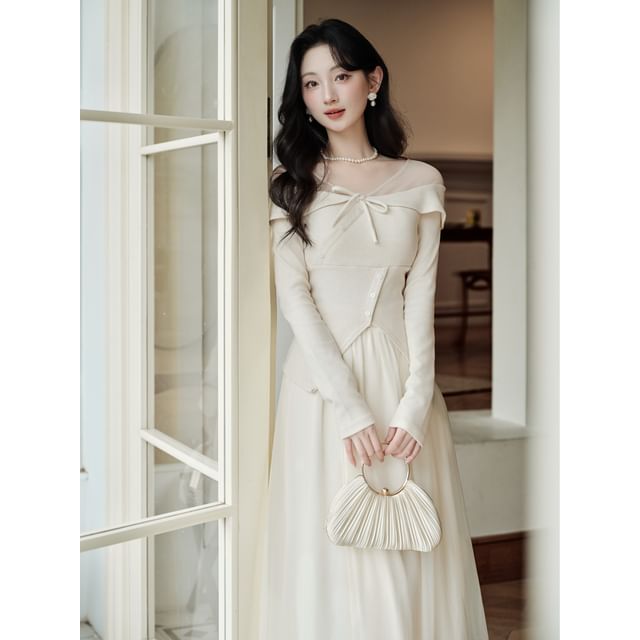 Solid Long-Sleeve Knit Top & High-Rise Maxi A-Line Skirt Set