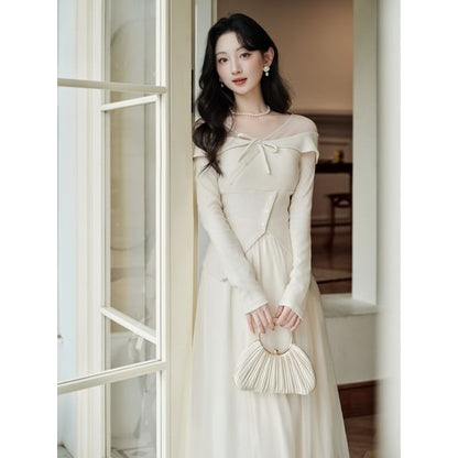 Solid Long-Sleeve Knit Top & High-Rise Maxi A-Line Skirt Set