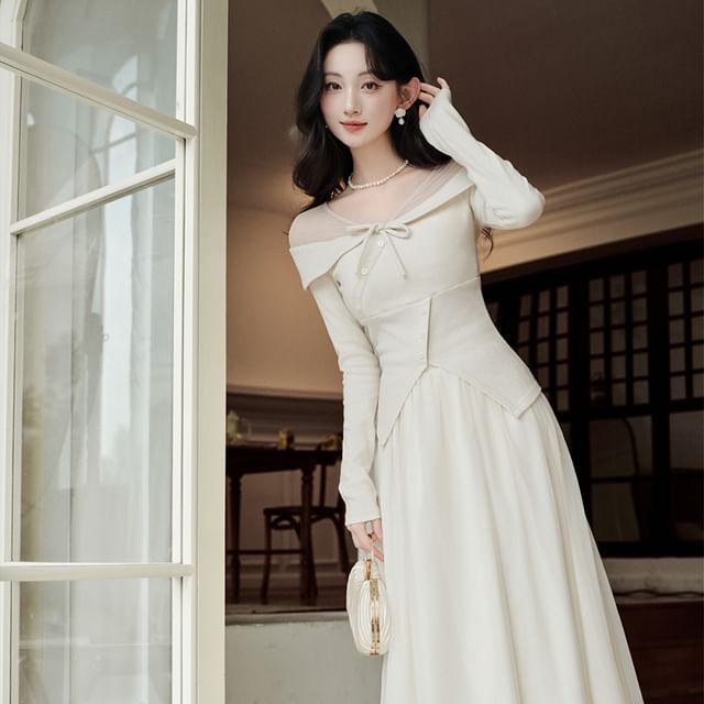 Solid Long-Sleeve Knit Top & High-Rise Maxi A-Line Skirt Set