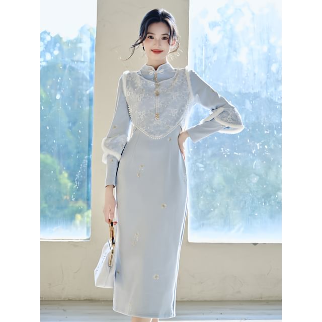 Stand-Collar Long-Sleeve Solid Maxi Sheath Dress Set