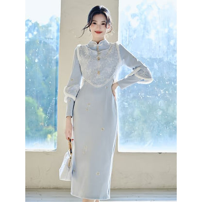 Stand-Collar Long-Sleeve Solid Maxi Sheath Dress Set