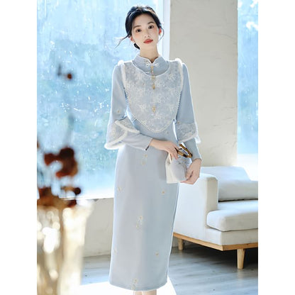 Stand-Collar Long-Sleeve Solid Maxi Sheath Dress Set