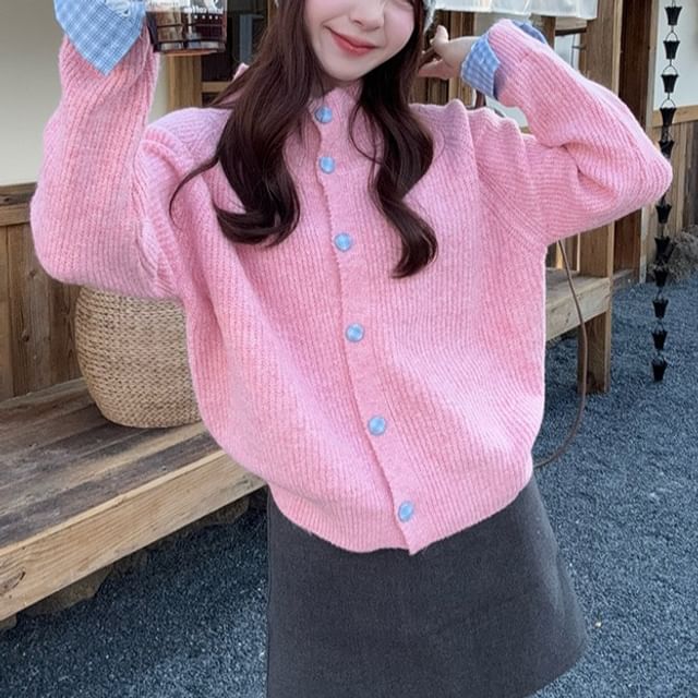 Turtleneck Button-Up Plain Cardigan