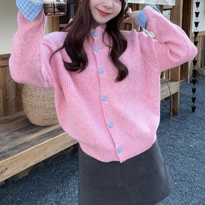 Turtleneck Button-Up Plain Cardigan