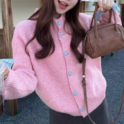 Turtleneck Button-Up Plain Cardigan