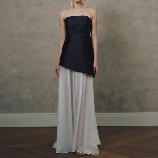 Two Tone Strapless Evening Gown Panel A-Line