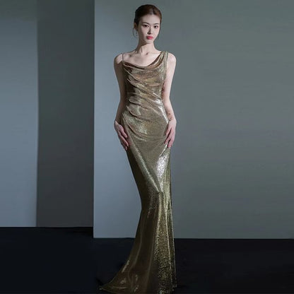 Sleeveless Cowl Neck Open Back Sequin Mermaid Evening Gown
