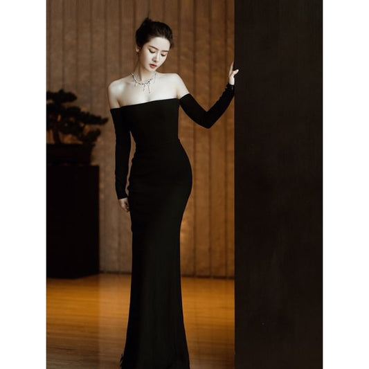 Gown Evening Off-Shoulder Long-Sleeve Plain Sheath