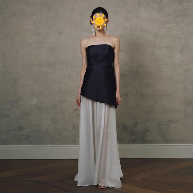 Strapless Two Tone Panel A-Line Evening Gown