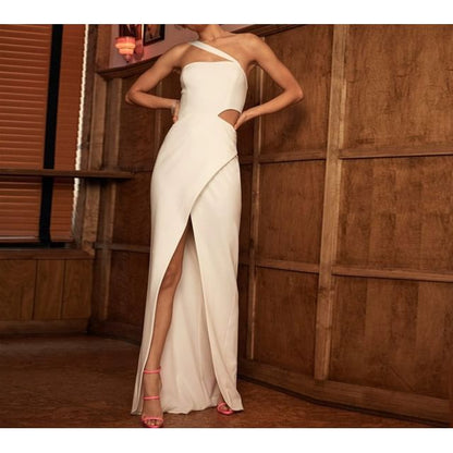 Spaghetti Strap One-Shoulder Plain Cutout Slit Sheath Evening Gown