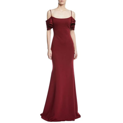 Open Evening Cold-Shoulder Plain Gown Back Maxi Short-Sleeve Sheath
