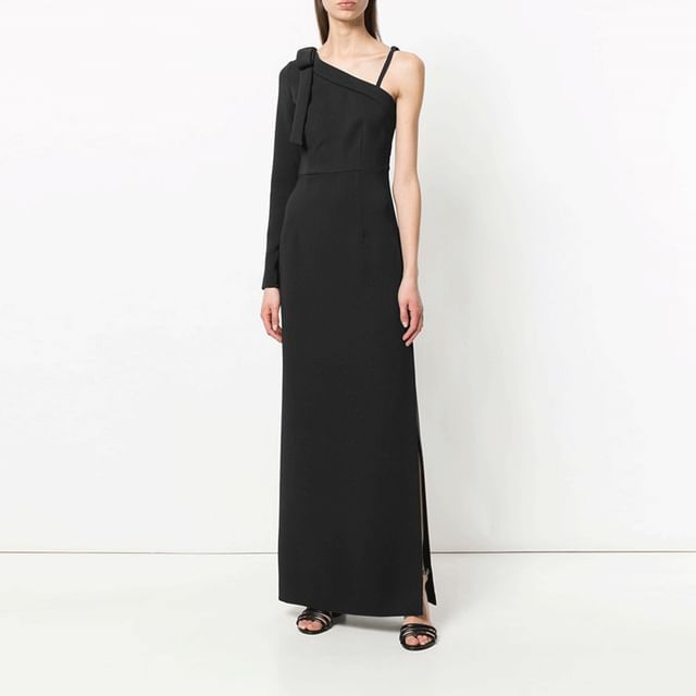 Long-Sleeve One-Shoulder Plain Maxi Sheath Evening Dress