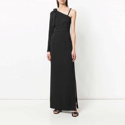 Long-Sleeve One-Shoulder Plain Maxi Sheath Evening Dress