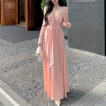 Spaghetti Strap Plain Ruched Maxi A-Line Dress / Plain Cardigan