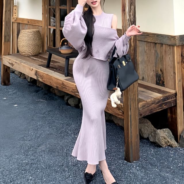 Sleeveless Crew Neck Plain Ribbed Knit Midi A-Line Dress / Plain Cardigan