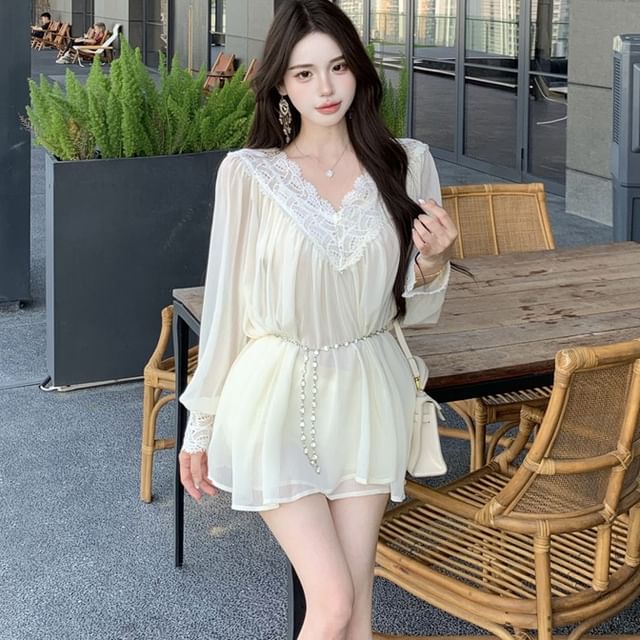 V-Neck Long-Sleeve Lace-Trim Button-Down Blouse