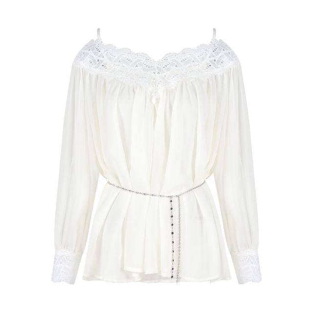 V-Neck Long-Sleeve Lace-Trim Button-Down Blouse