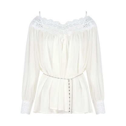 V-Neck Long-Sleeve Lace-Trim Button-Down Blouse