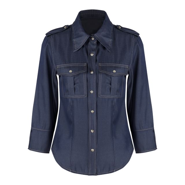 Denim Long-Sleeve Button-Down Shirt & Mini Skirt Set