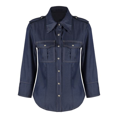 Denim Long-Sleeve Button-Down Shirt & Mini Skirt Set
