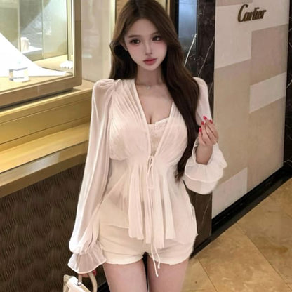 Solid Halter Top & Cropped Long-Sleeve Top Set